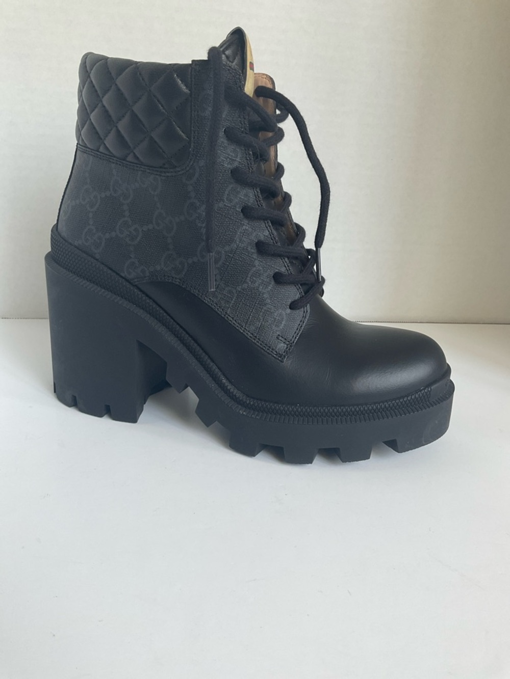 Gucci Black Leather Quilted Combat Boot with Tan Logo Tongue